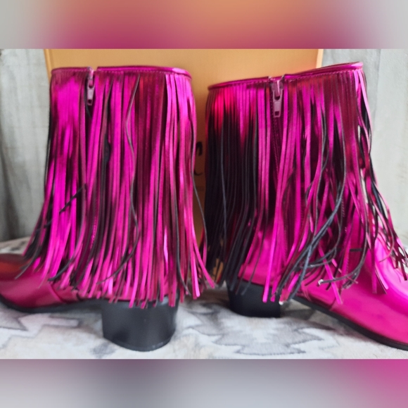 NIB 💖Chase and Chloe Metallic Sz 7.5 Malena Fringe Boots Pink Barbiecore - Picture 8 of 8
